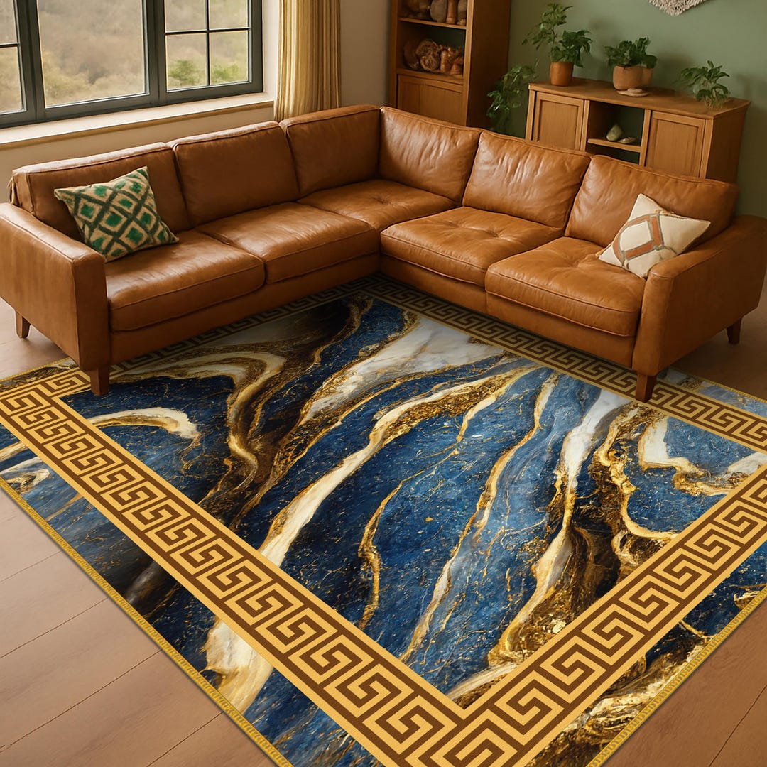 Marble Pattern Area Rugs Luxurious Blue Gold Design Marble Area Rug, Elegant Living Room Rug ...