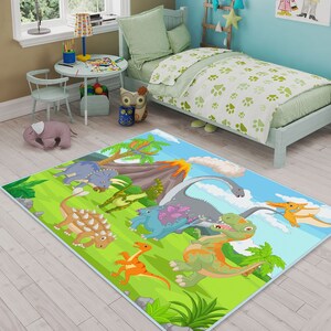 Tappeto a tema dinosauri, tappeto per bambini con tema giurassico, tappeto per cameretta a tema dinosauri, morbido tappetino da gioco antiscivolo per camera da letto o cameretta dei bambini, idea regalo per decorare il pavimento.