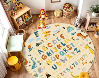 ABC-kinderkleed alfabet, rond educatief kinderdagverblijftapijt, ABC-speelkamermat, kleurrijk leerkleed voor kinderkamer, ABC-dinosauruskinderkleed