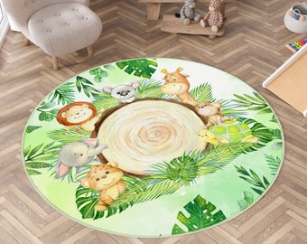Safari Animals Patterned Rug, Safari Animal Lion Giraffe Elephant Desing Rug, Safari Kids Rug, Safari Playroom Mat, Lion Desing Kids Carpet