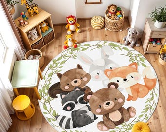 Cute Animal Kids Room Rug with Watercolor Bear, Fox, Rabbit, Raccoon - Soft Round Area Rug for Nursery, Playroom, Baby Bedroom Decor, Gift