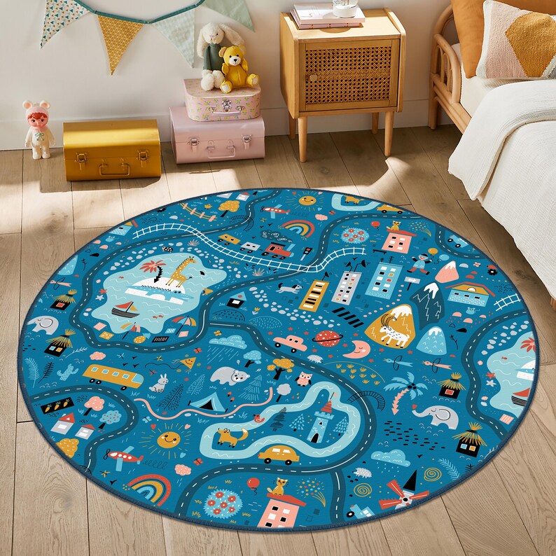 City Road Kids Playroom Mat, Car Road Desing Nursery Rug, Traffic Car ...