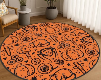 Round Halloween Spooky Bat Rug: Rat Pumpkin Moon Print Carpet,  Orange Halloween Circle Carpet