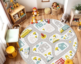 Road Patterned Kids Rug, City Kids Rug, Car Kids Playroom Rug, Road Crawling Mat, Road Baby Carpet, Nursery Rug, Bus Car Patterned Baby Rug