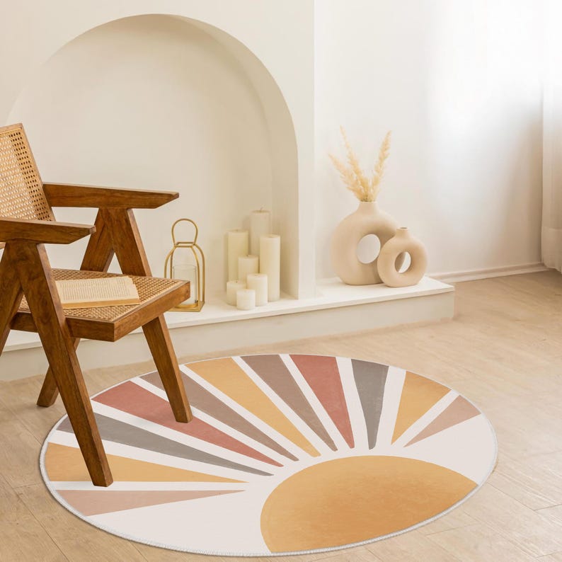 Sun Round Rug, Abstract Sun Carpet, Sunrise Boho Rug, Boho Sun Logo Rug ...