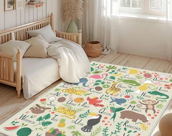 May include: A rectangular area rug with an alphabet and animal design. The rug features colorful illustrations of animals and fruits, with each letter of the alphabet represented. The rug is beige with a border of green and red.