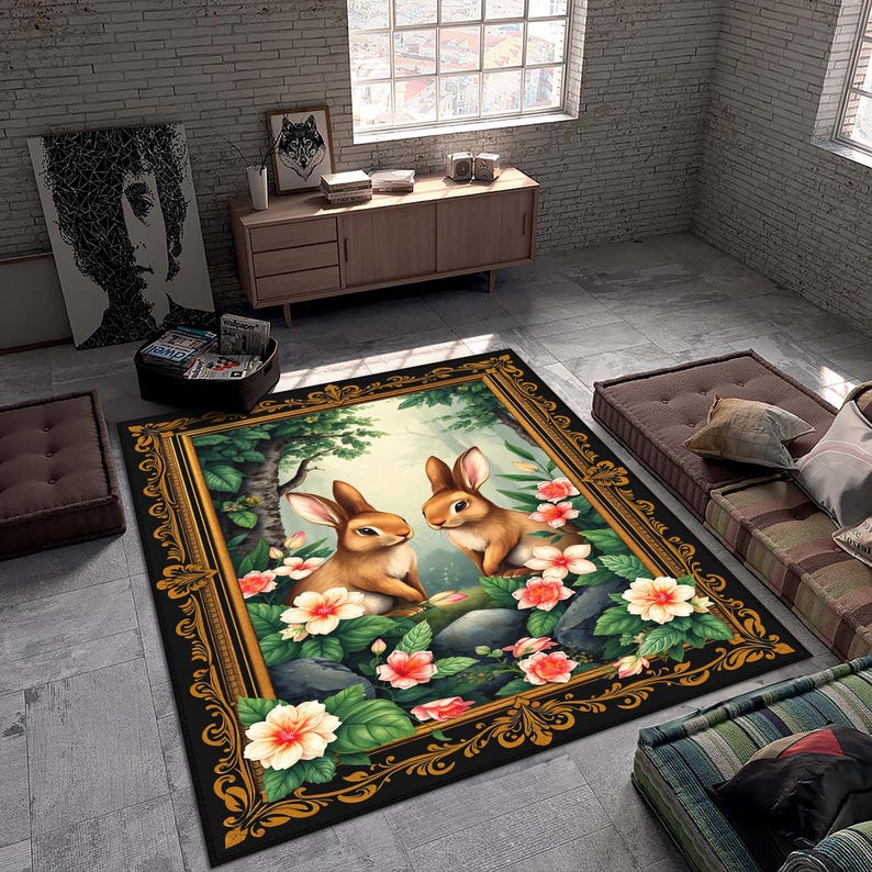 Orange Rabbit Fur Rug Rectangular Rabbit Rug, Rabbit Rectangle Rug, Bunny Rug, Flowers Rabbit Carpet ...