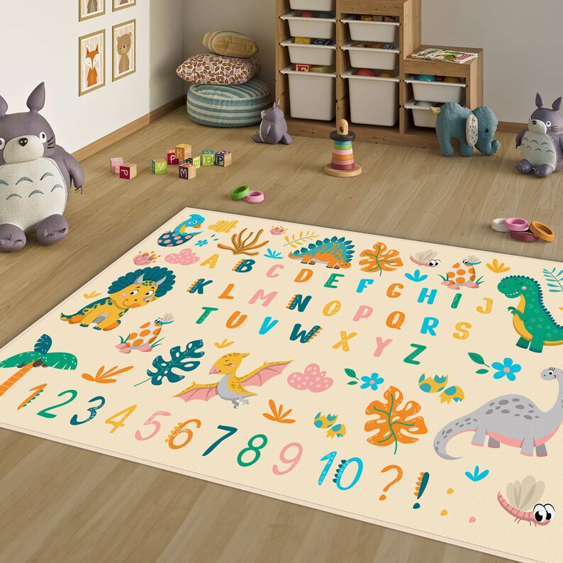Tapis à lettres, tapis pour enfants chiffres, tapis éducatif dinosaure, tapis pour chambre d'enfants, tapis pour chambre d'enfants ABC, tapis de jeu alphabet, tapis à nom imprimable image 5