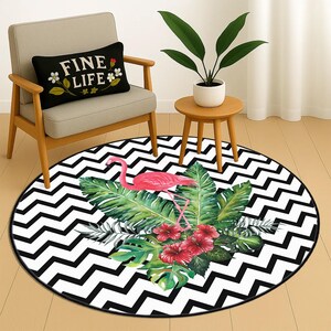 Flamingo Floral Desing Rug, Zigzag Printed Runner Mat,Bold Black White Chevron Pattern Carpet, Stylish Flamingo Tropical Leaves Round Carpet