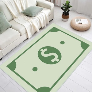 Dollar Bill Inspired Area Rug, Money Themed Carpet for Living Room, Green Dollar Design Rug for Modern Home Decor, Fun and Stylish Floor Mat