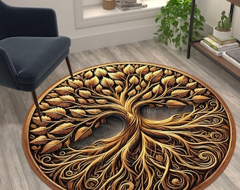 Tapis rond Arbre de vie, tapis de méditation, tapis bohème, tapis design arbre doré
