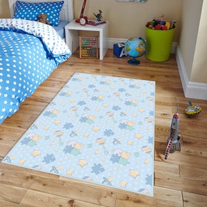 Sternenmuster Kinderteppich, Blauer Kinderzimmerteppich, Puzzle Kinderteppich, Niedlicher Kindergartenteppich, Blauer Spielzimmerteppich, Blauer Babyzimmerteppich, Weicher Babyteppich