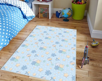 Starry Kids Rug, Blue Kids Room Rug, Puzzle Kids Rugs, Cute Kindergarten Rug, Blue Playroom Mat, Blue Baby Room Rugs, Soft Baby Teppich