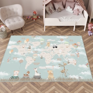 Fun Kids Rug,World Map Kids Rug,Educational Kids Rug,Animal Designed Kids Rug,World Map Themed Kids Rug,Blue Baby Rug,World Animals Kids Rug