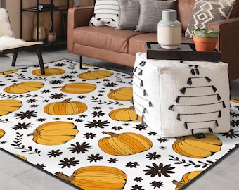Alfombra con estampado de calabaza: Alfombra decorativa otoñal para sala de estar, decoración de calabaza de temporada, tapete de Halloween
