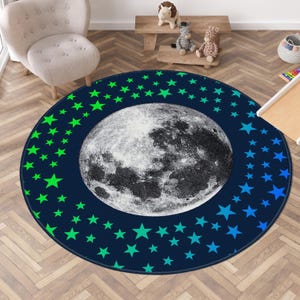 Stars Nursery Rug, Soft Baby Rug, Stars Kids Carpet, Blue Baby Rug,Kids Carpet, Moon Stars Round Kids Rug, Space Design Rug, Star Desing Rug