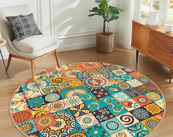 Vibrant Colorful Round Bohemian Style Rug with Geometric Patterns, Ideal Rug for Living Room, Dining Room Rug, Durable Carpet for Modern