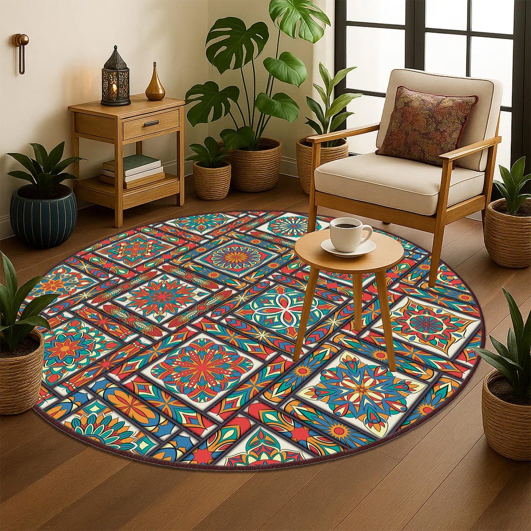 Mandala Circle Rug, Etnic Pattern Round Carpet, Bohemian Mandala Area ...