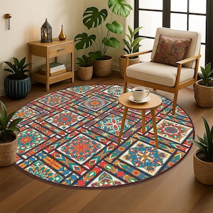 Mandala Circle Rug, Etnic Pattern Round Carpet, Bohemian Mandala Area Rug, Floral Area Carpet, Traditional Carpet, Yoga Mat, Meditation Rug