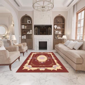Vintage Roter Teppich mit Blumenmuster, Eleganter Teppich mit Rand, Romantischer Rosenmuster Teppich, Bauernhaus Teppich