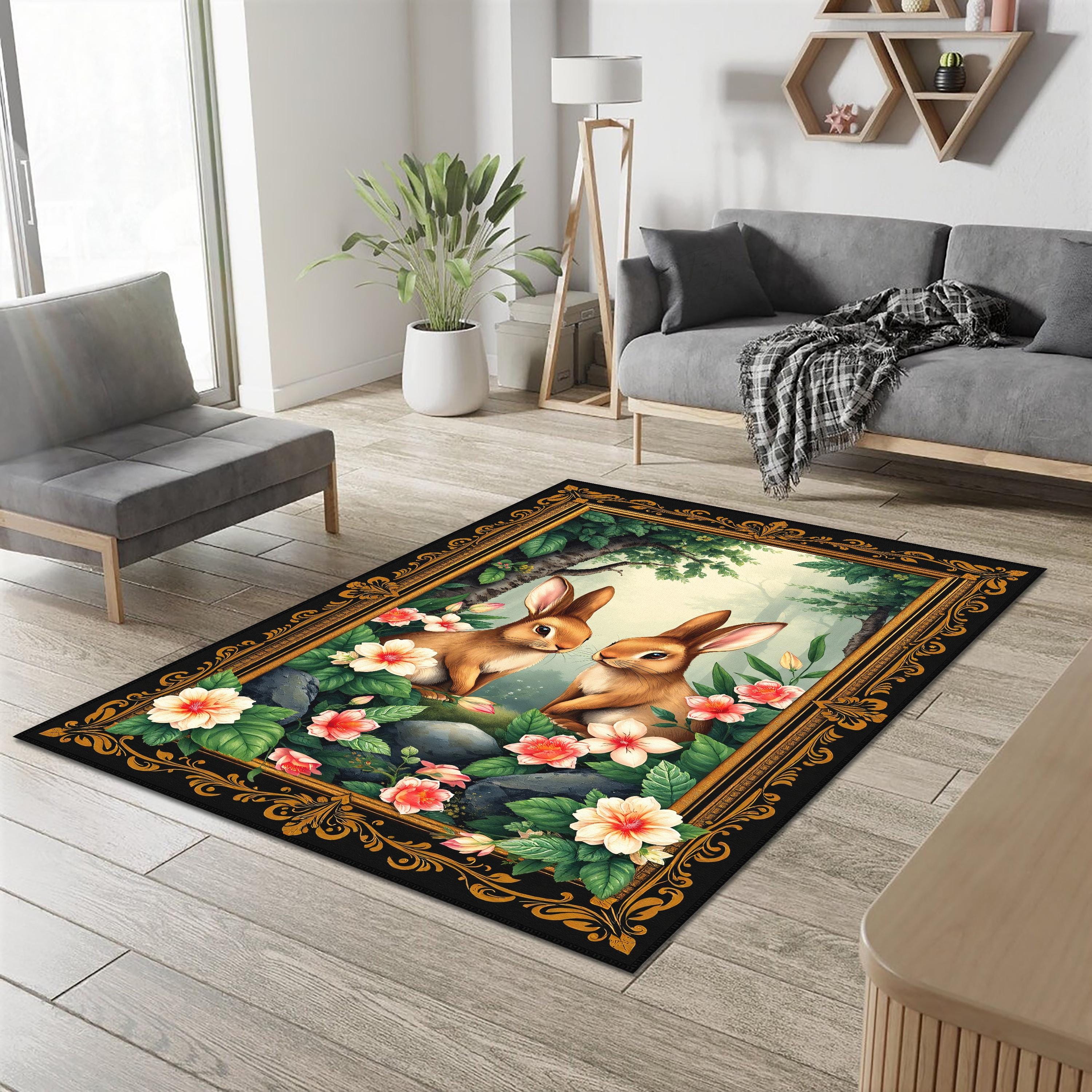 Rabbit Rectangle Rabbit Rug, Rabbit Rectangle Rug, Bunny Rug, Flowers Rabbit Carpet ...