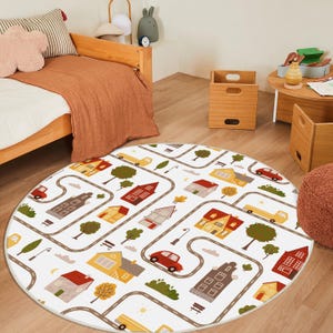 Tapete redondo para crianças, tapete para quarto infantil com design de mapa rodoviário da cidade, tapete para casas coloridas de carros de rua, tapete para sala de jogos com design de carros de rua, tapete boho para crianças