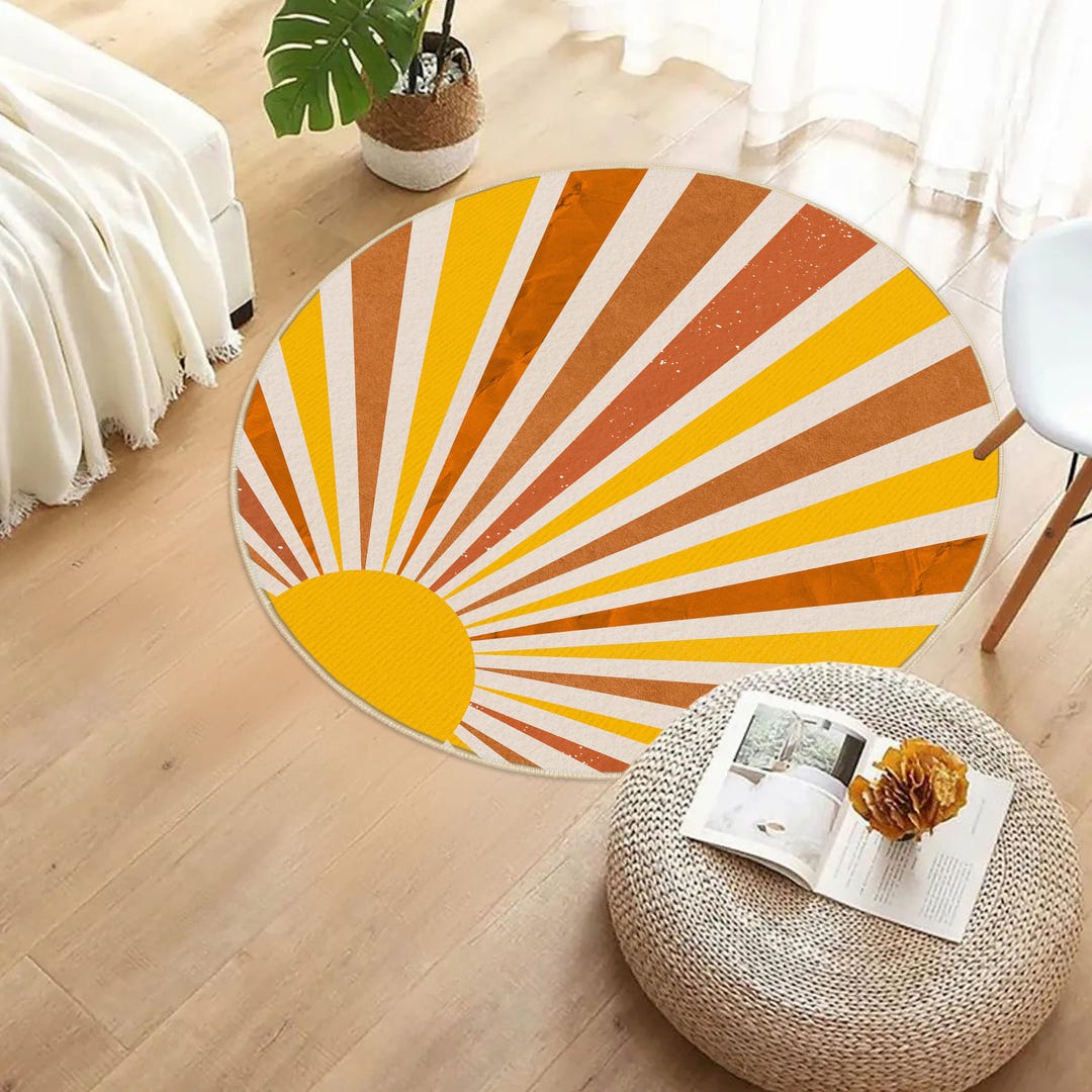 Round Sun Rug With Retro Sunshine Rays: Sun Patterned Rug, Orange Round ...