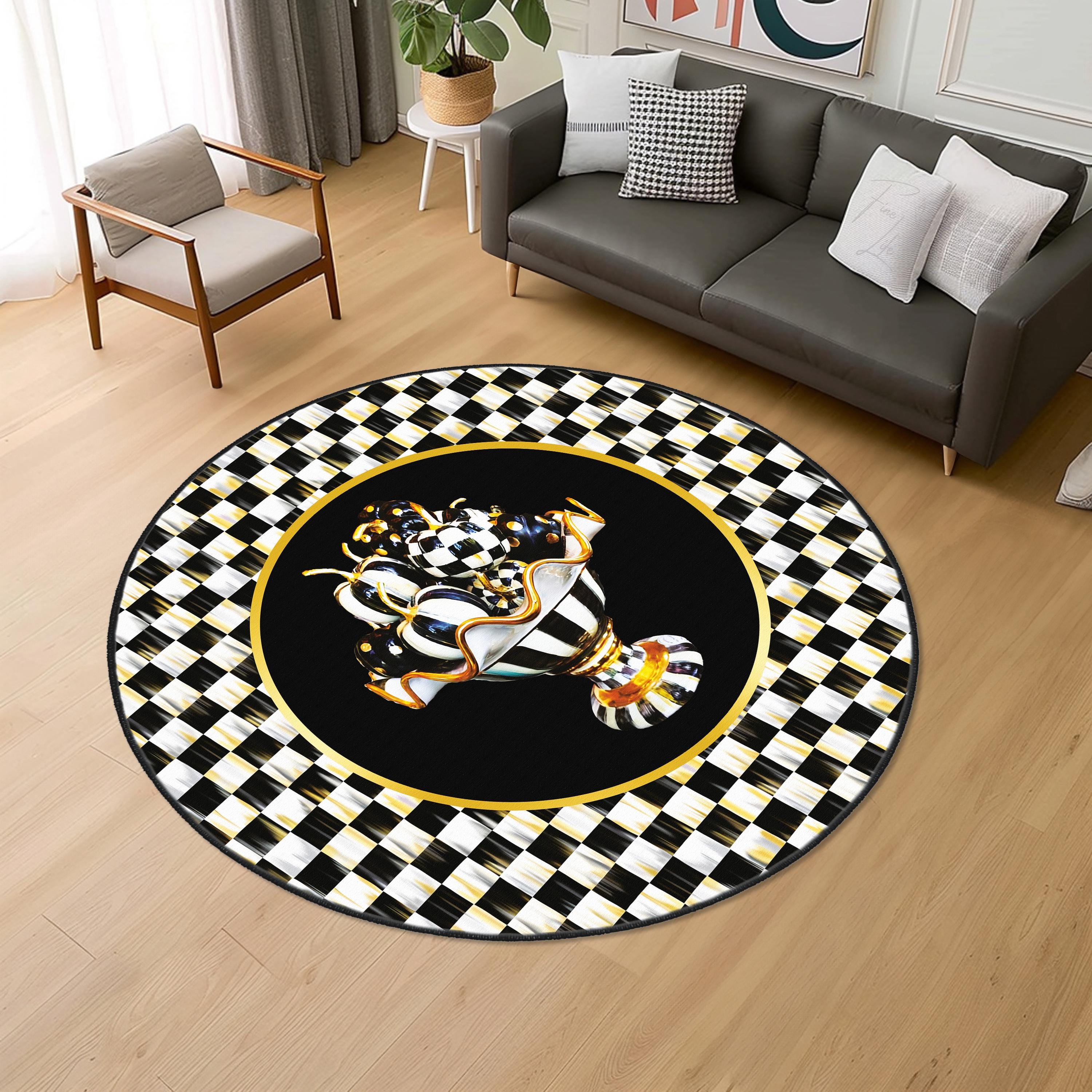 Checkered Rug, Black Border on Check Pattern Area Rug, Black and White ...
