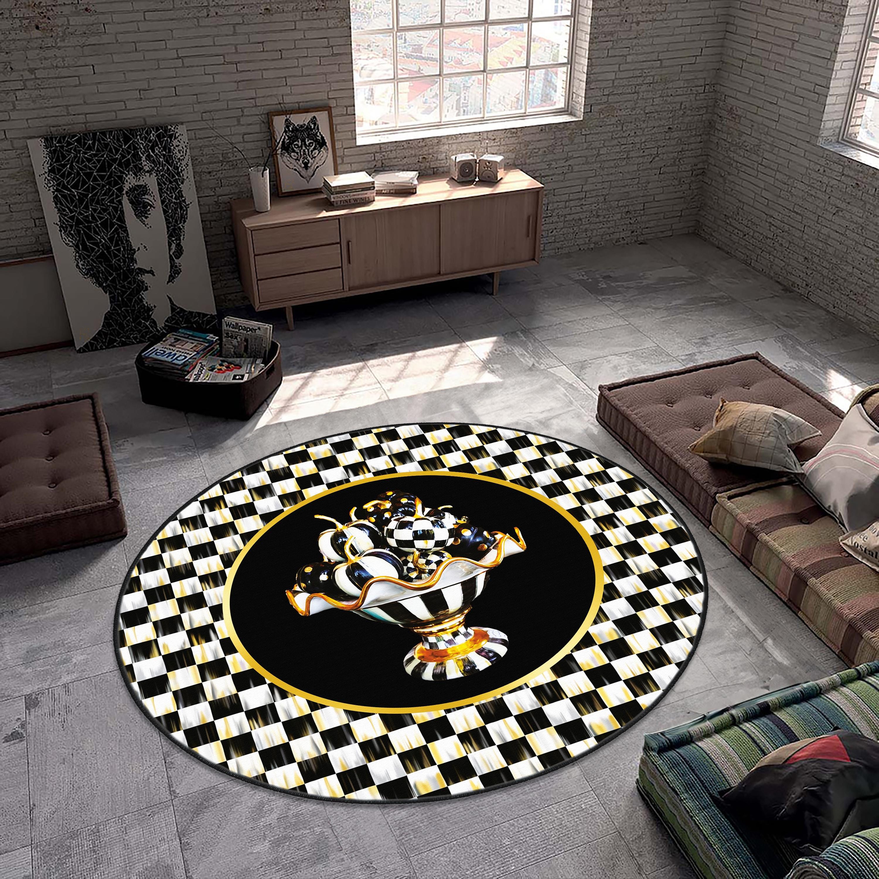 Checker Area Rug Checkered Rug, Black Border on Check Pattern Area Rug, Black and White ...