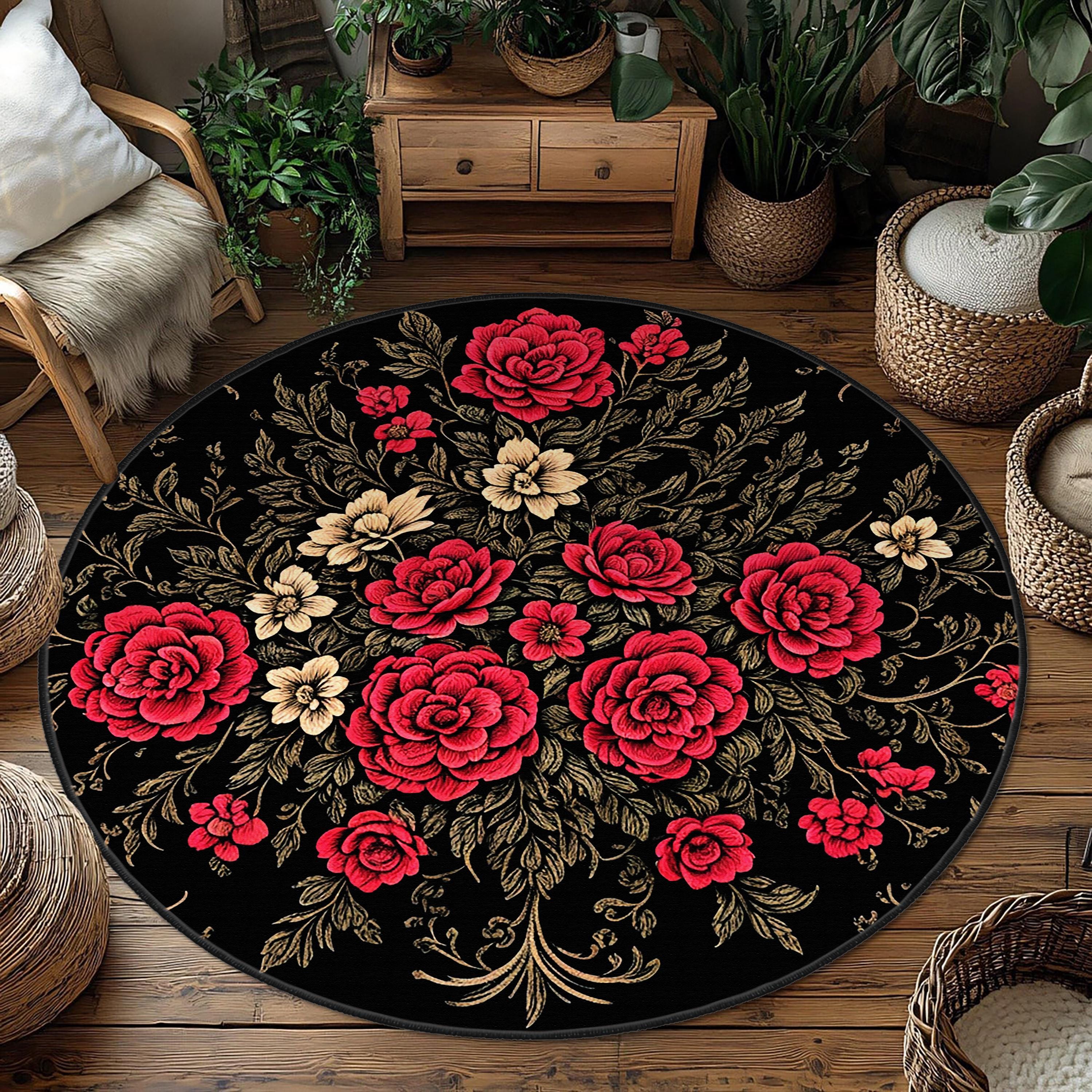 Roter Blumenteppich, Rosenmuster-Hausteppich, Grüner Teppich, Rotgold-Rosen-Wohnzimmerteppich, Schwarzer Runder Teppich mit Blumenmuster