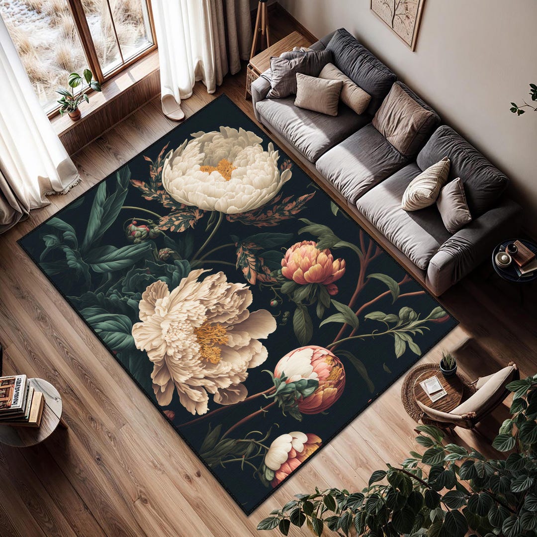 Flower Patterned Rug, Peony Patterned Carpet, Gothic Flower Rug, Black ...