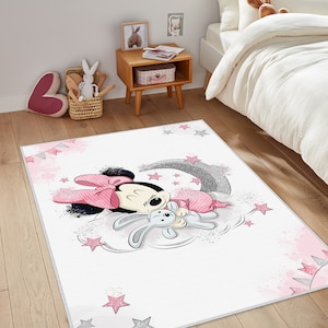 Minnie Maus Teppich, Schlafteppich, Mädchen Teppich, Waschbarer Teppich für Mädchen, rutschfest Kinderteppich, Micky Maus Teppich, Rosa Kinderteppich