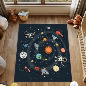 Space Themed Cute Kid&#39;s Rug, Adventurous Astronaut Kids Mat, Navy Blue Baby Room Carpet, Kids Room Decor, Kinderkarten, Play Mat With Rocket