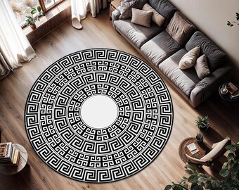 Greek Key Patterned Rug, Black Greek Patterned Carpet, Greek Round Rug, Greek Motif Rug, Greek Mythology Rug