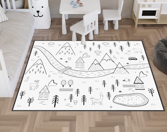 Road Patterned Kids Carpets, Kids Room Rug, Car Play Mat, Animals Children's Play Mats, Road Crawling Carpet, City Kids Rug, Nursery Carpets