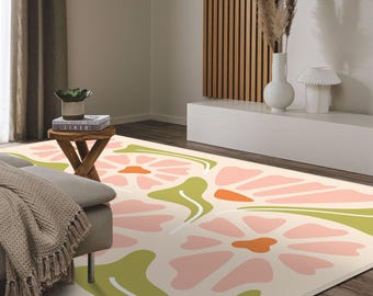 Abstract Floral Carpet, Floral Desing Rug, Green Leaves Patterned Rug, Pink Green Floral Area Mat