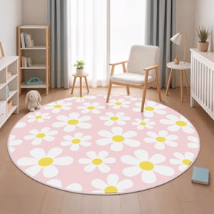 Rosa Gänseblümchen-Teppich, Gänseblümchen-Babyteppich, runder Blumenteppich für Wohnzimmer, Kinderzimmer-gelber und weißer Blumen-Design-Teppich