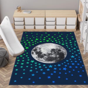 Starry Pattern Kids Carpet, Starry Pattern Playroom Mat, Baby Rug, Moon Stars Kids Room Carpet, Green Blue Stars Carpet, Soft Durable Carpet