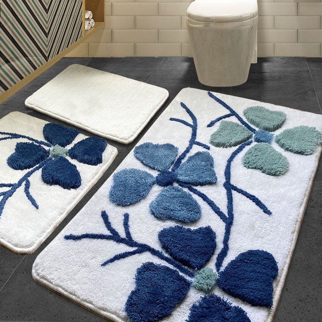 Blue 3piece Bath Mat Set, Colorful Toilet Seat, Decorative Bath Mat