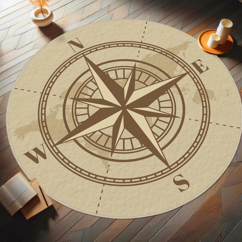 Compass Themed Carpet, World Map Carpets, Round Compass Rug, Vintage ...