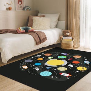 Astronaut Kids Carpet, Planet Baby Rug, Outer Space Themed Kids Rug, Colorful Planets Rocket Kids Carpet, Non-slip Educational Playroom Mat