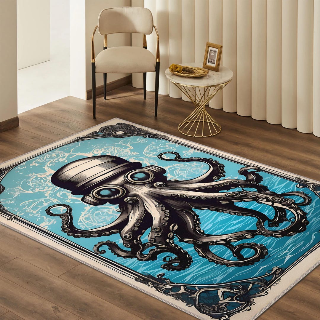 Nautical Octopus Rug With Vintage Hat Design,ocean Inspired Floor