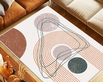 Modern Abstract Rug, Art Style Abstract Rug, Retro Mid Century Shape Living Room Rug, Boho Geometric Abstract Area Rug,Abstract Trend Carpet