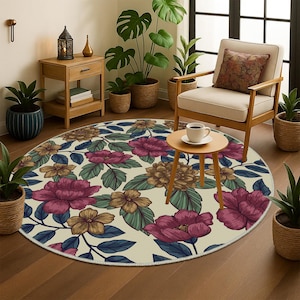 Vintage Patterned Floral Rugs, Flower Round Rug, Flower Design Round Area Carpets, Vintage Floral Living Room Rug,  Elegant Floral Carpet