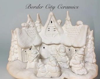 Winter - Ceramic Bisque - Snowman Village - 7” Tall - 11” in Length - Ready-to-Paint - Light Up Ready!