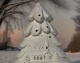 Christmas Trees - Clay Magic - 3200 - Ceramic Christmas Tree with Church - 11” Tall - Ready-to-Paint - Bisque