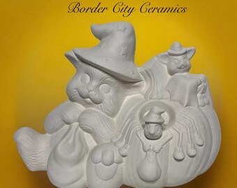 Halloween - Vintage 1987 - Dona’s Mold - Cat & Pumpkin and Spider - Ready to Paint - Bisque