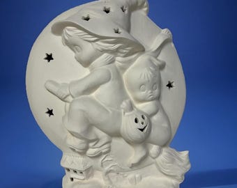 Halloween - Little Witch on a Broom  - Vintage - 1988 Provincial Mold - Ready to Paint - Bisque