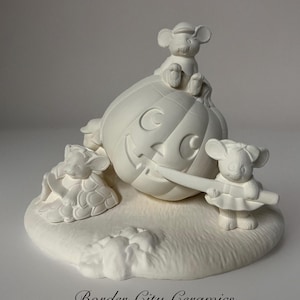 Halloween - Ceramic - Dona’s Mold - Mice Carving a Pumpkin Set W/Base - Ready to Paint - Bisque