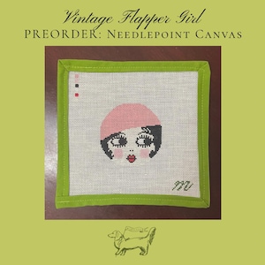 PREORDER: Vintage Antique Inspired Coral Flapper Girl 18 Mesh Needlepoint | Vintage Needlepoint